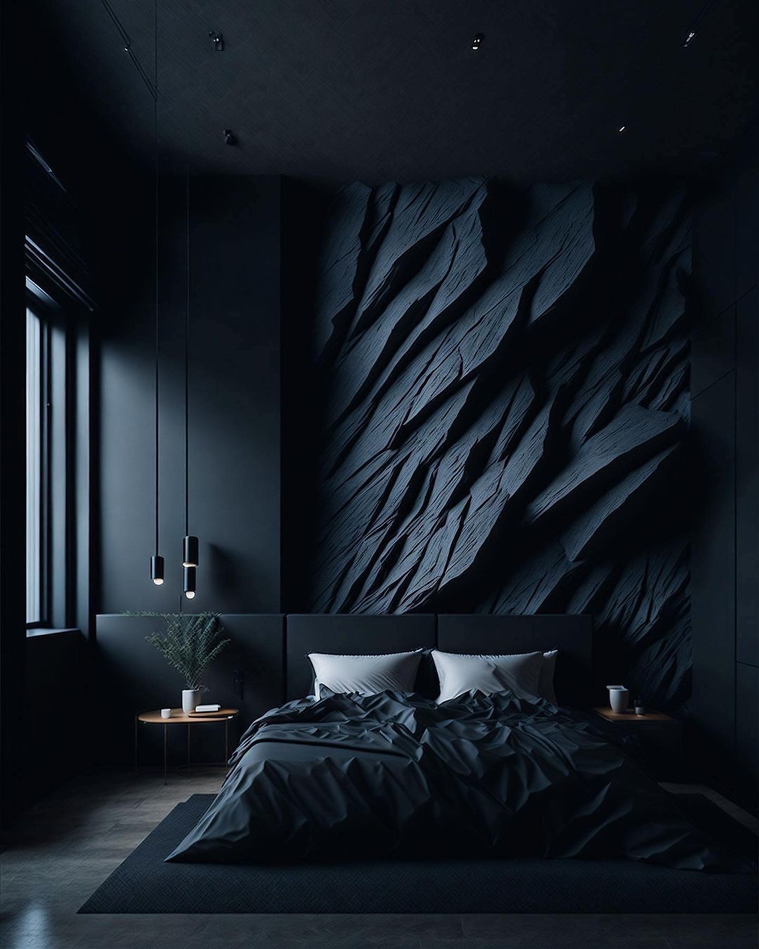 A modern bedroom featuring an artistic textured wall in dark tones