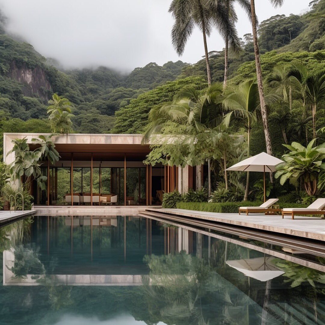 A modern tropical retreat with lush vegetation and a serene pool