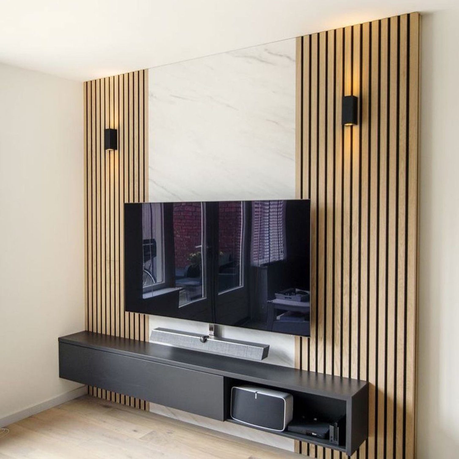 Elegantly designed modern TV wall unit featuring sleek wooden slats and marble back panel