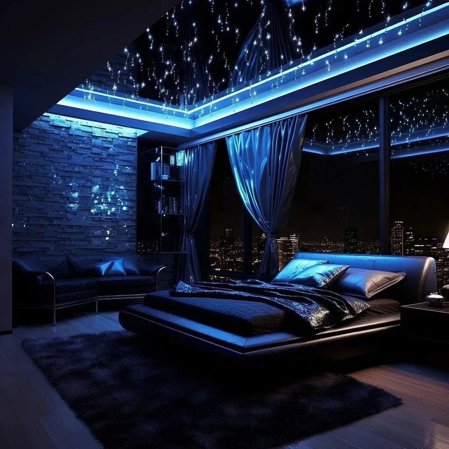 A modern bedroom designed with an urban nightscape backdrop, twinkling fiber optic ceiling lights, and sleek dark furnishings.