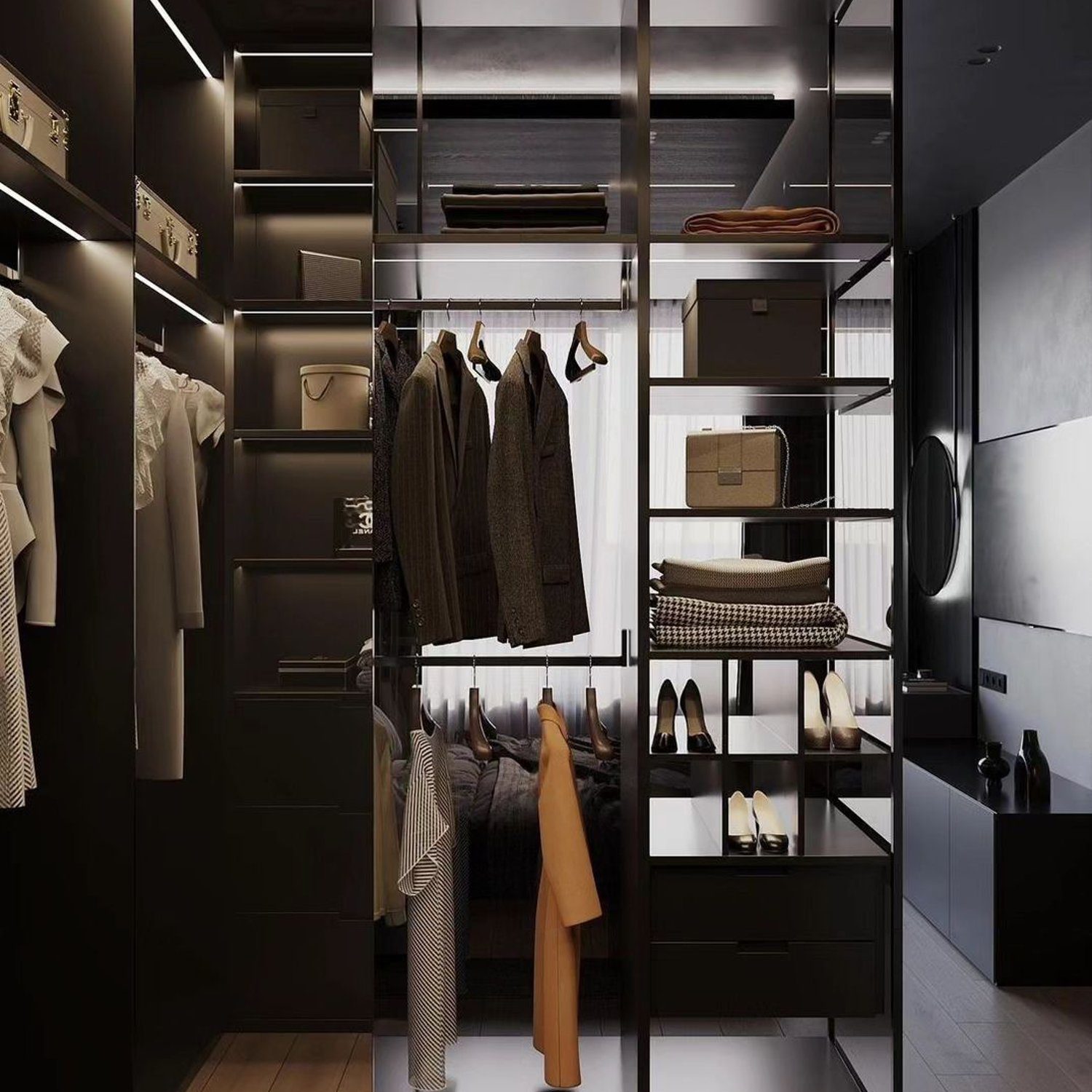 Stylish and modern walk-in closet design featuring smart storage solutions