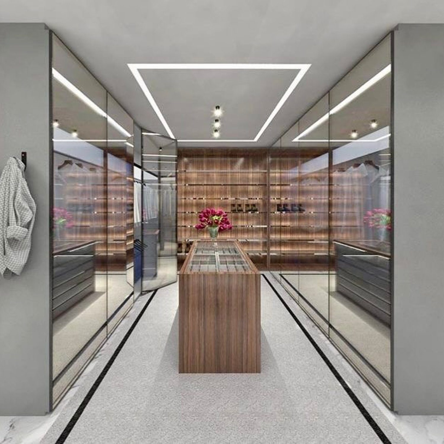 Elegant and modern walk-in closet featuring sleek design