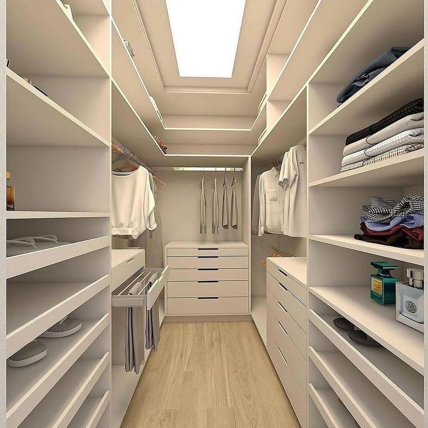 Elegantly designed walk-in closet with strategic lighting and efficient storage solutions.