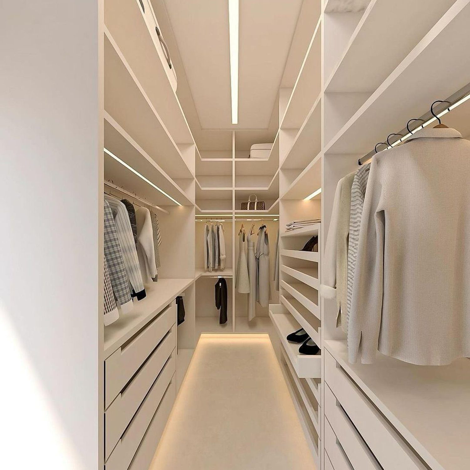 Elegantly designed walk-in closet with custom shelving