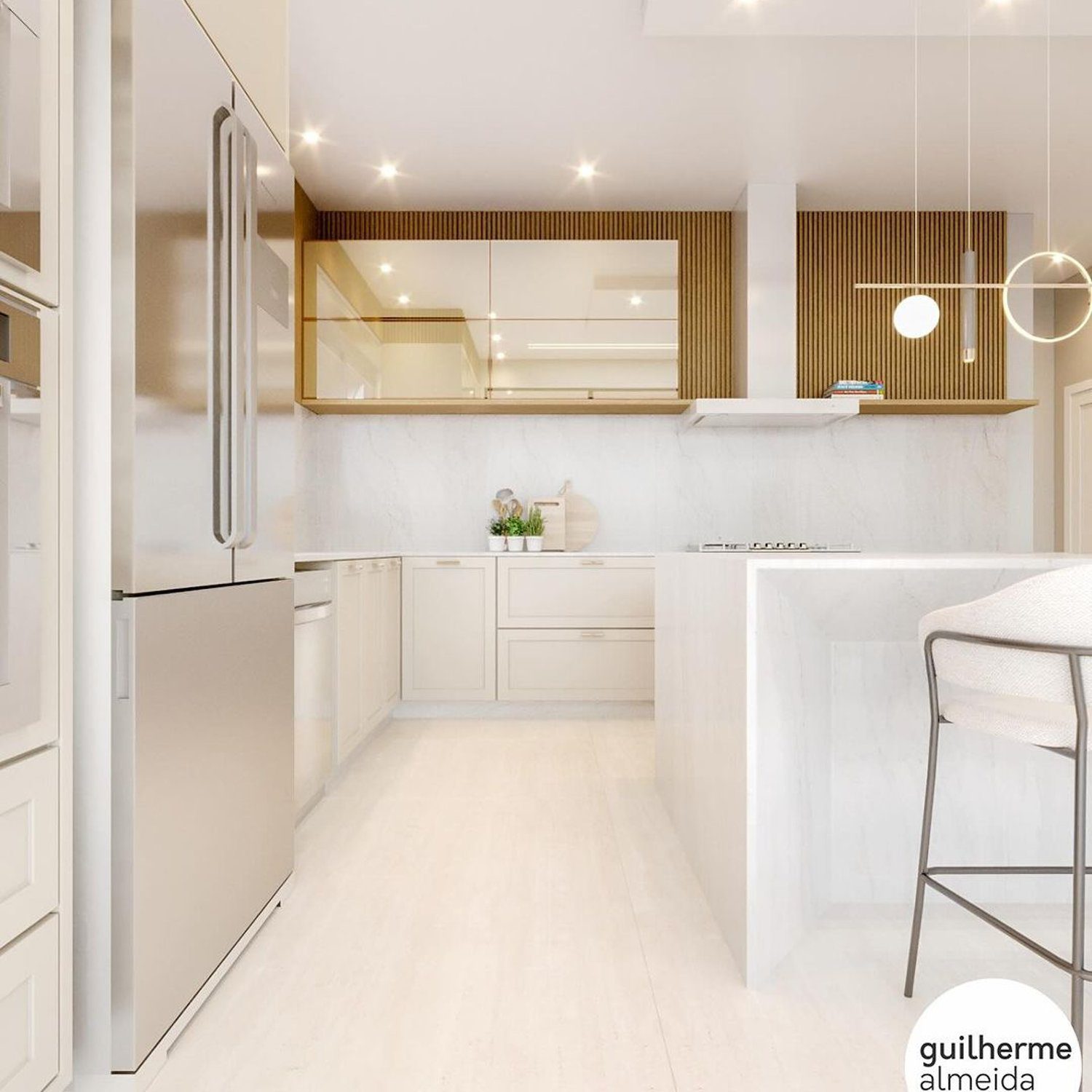 A sleek modern kitchen featuring white cabinetry, marble countertops, and wooden accents