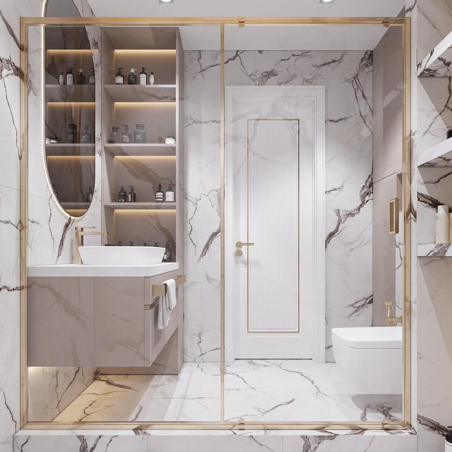 Elegant white marble bathroom with gold accents