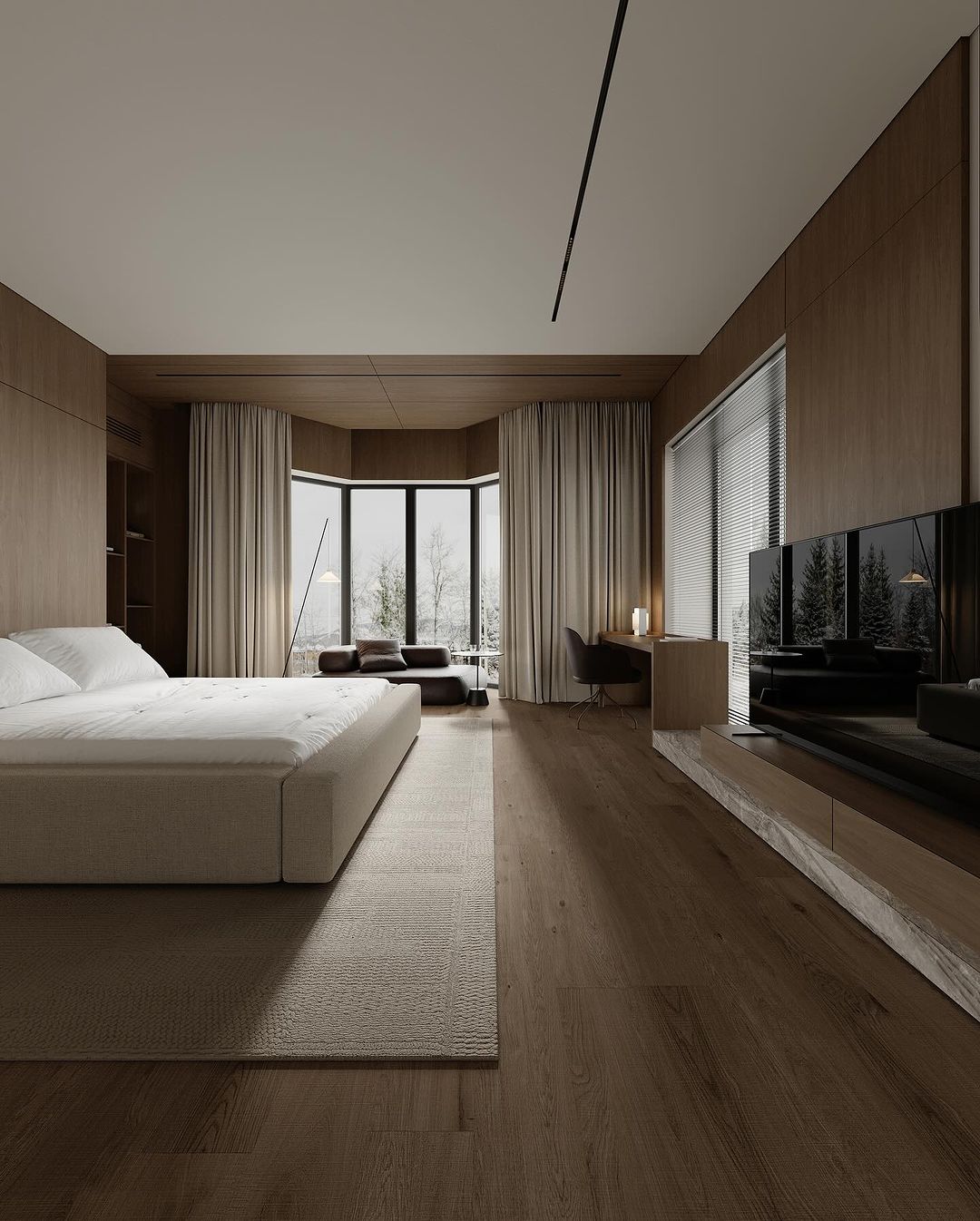 A calming bedroom retreat with panoramic views of trees through a large circular window, featuring wooden wall paneling and subtle tones.