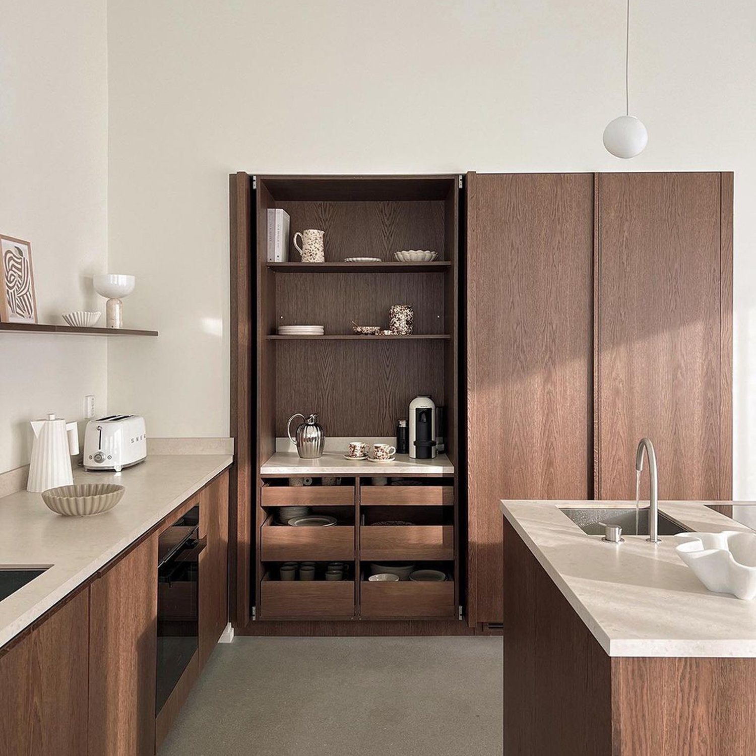 A modern kitchen with warm wood tones