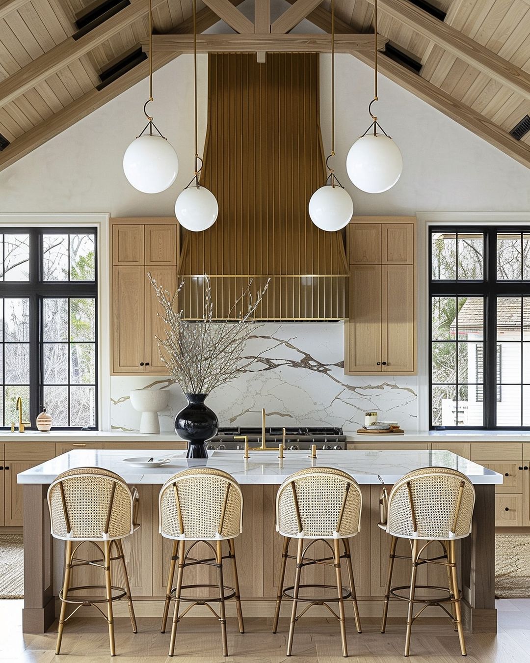 A chic and modern kitchen design featuring a warm wooden cabinetry