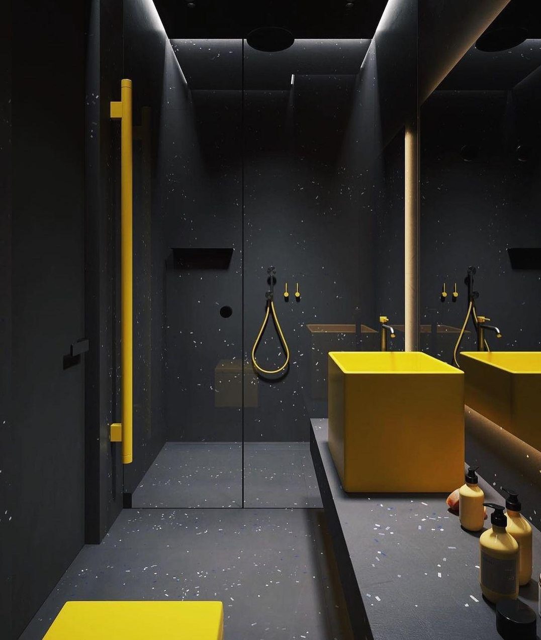 A modern bathroom with striking yellow accents