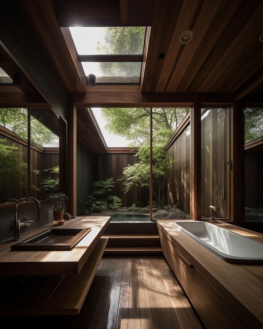 A serene bathroom with natural wood finishes and an open view of a Japanese-style garden