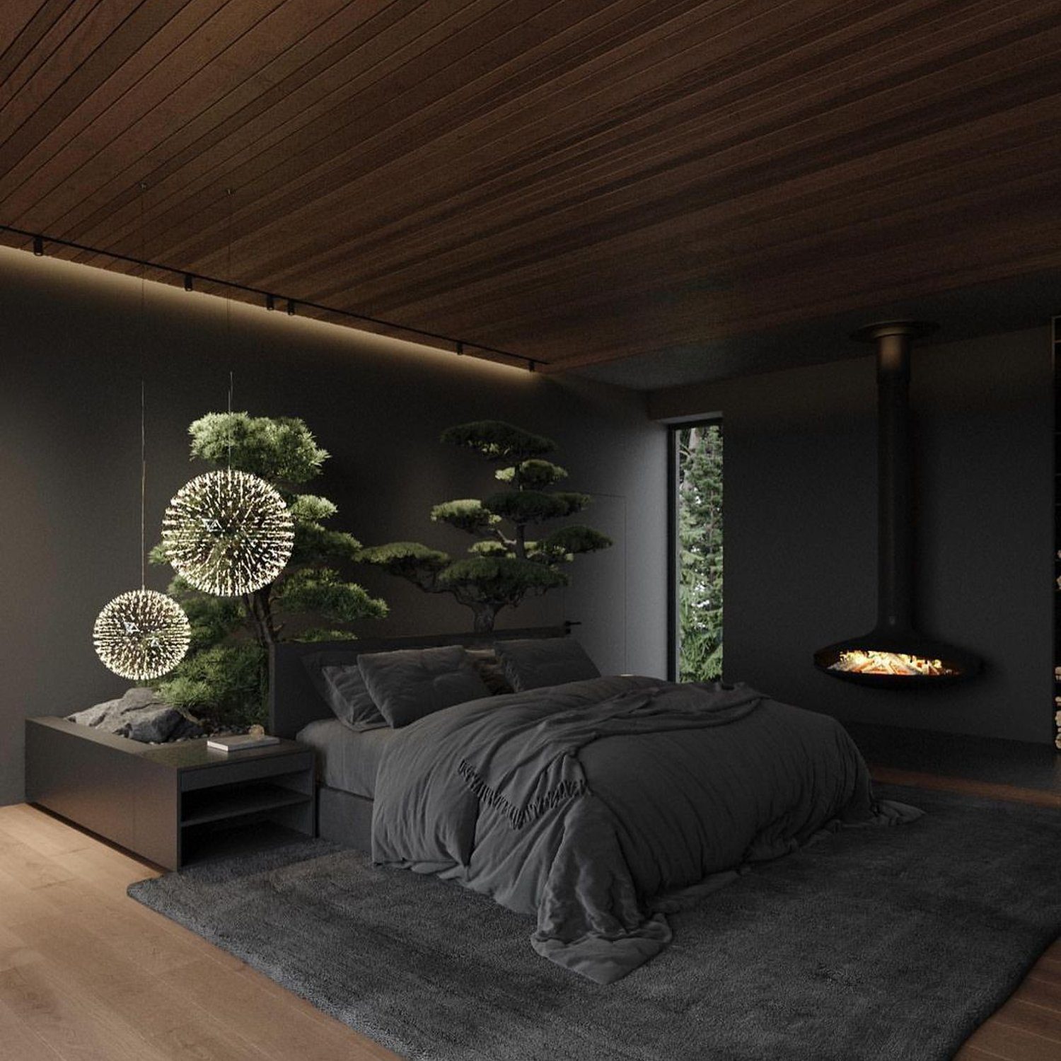 A serene bedroom incorporating natural elements