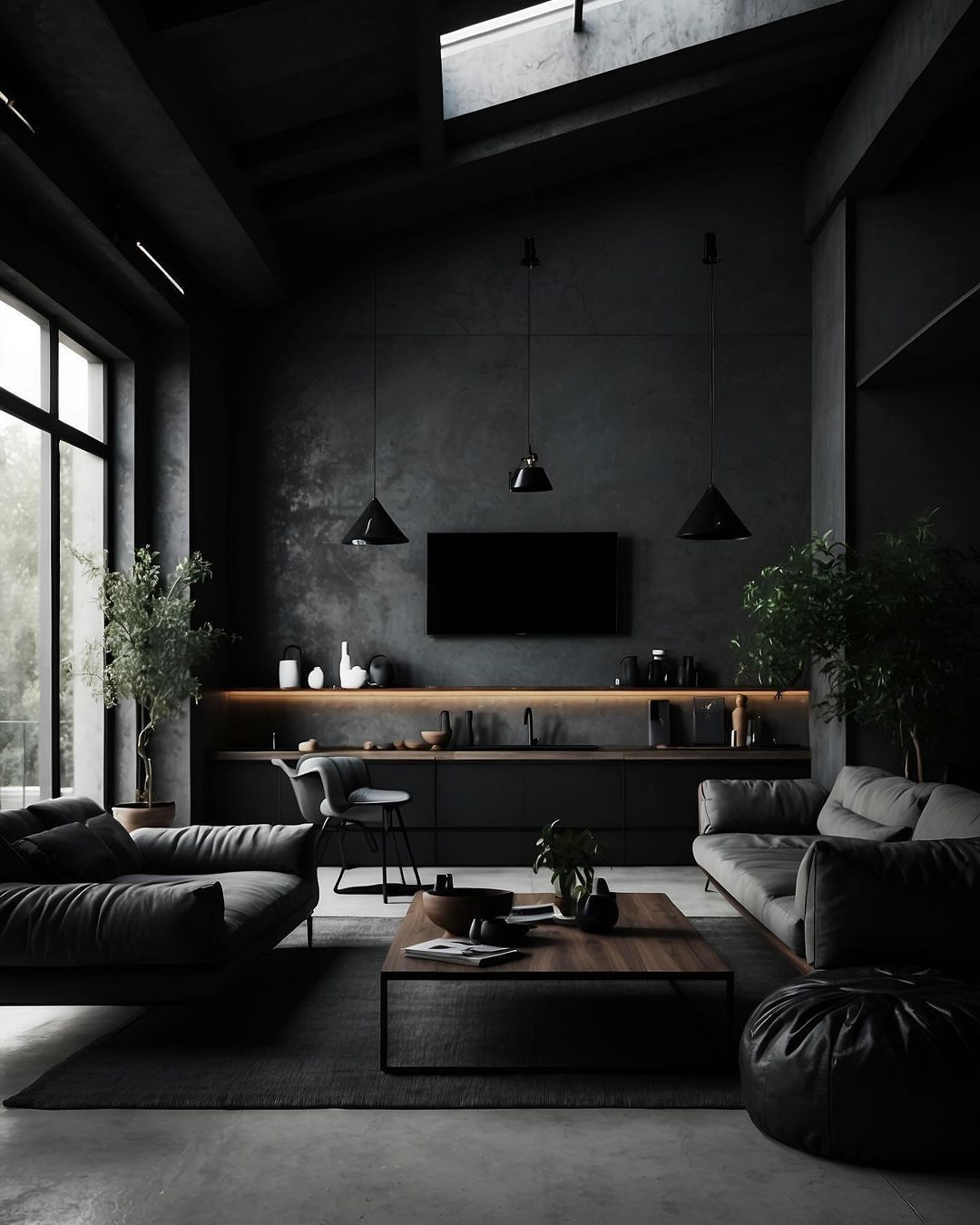 A modern, monochromatic living room featuring dark tones