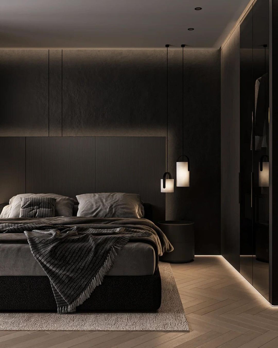 Modern and stylish monochromatic bedroom design with ambient lighting