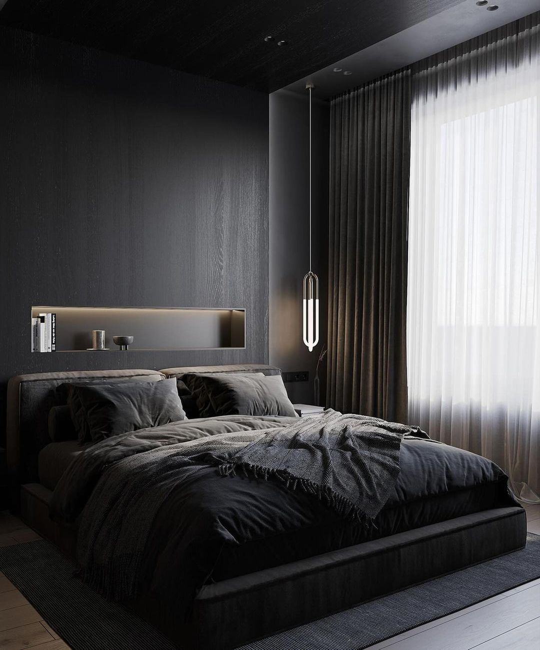 A modern and monochromatic bedroom showcasing a bold use of textures.