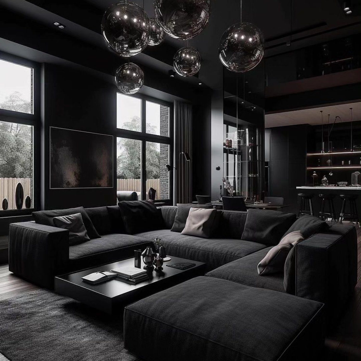 Stylish monochromatic living room with a plush modular sofa and chic glass bubble pendant lights