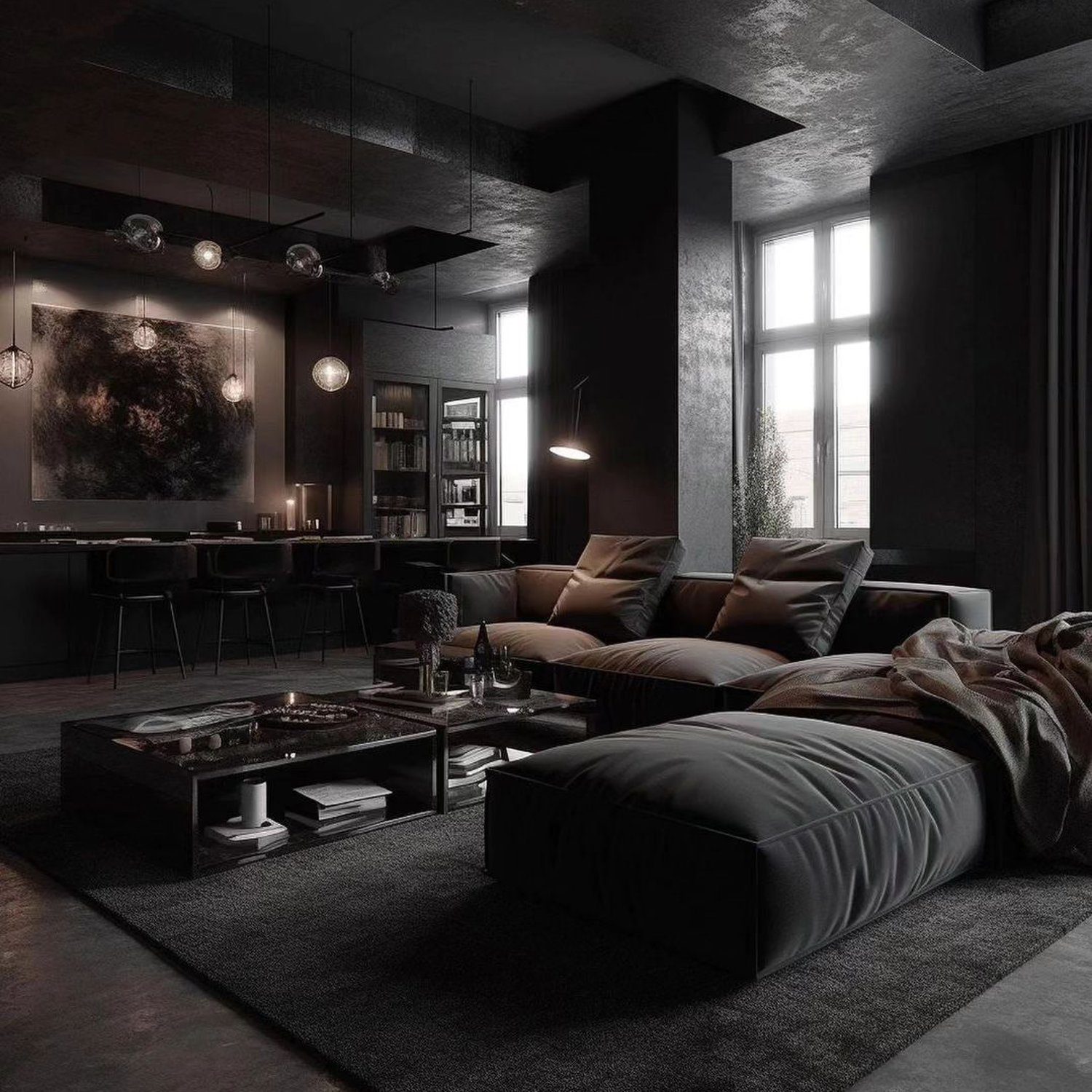 Modern monochromatic living room with luxurious textures