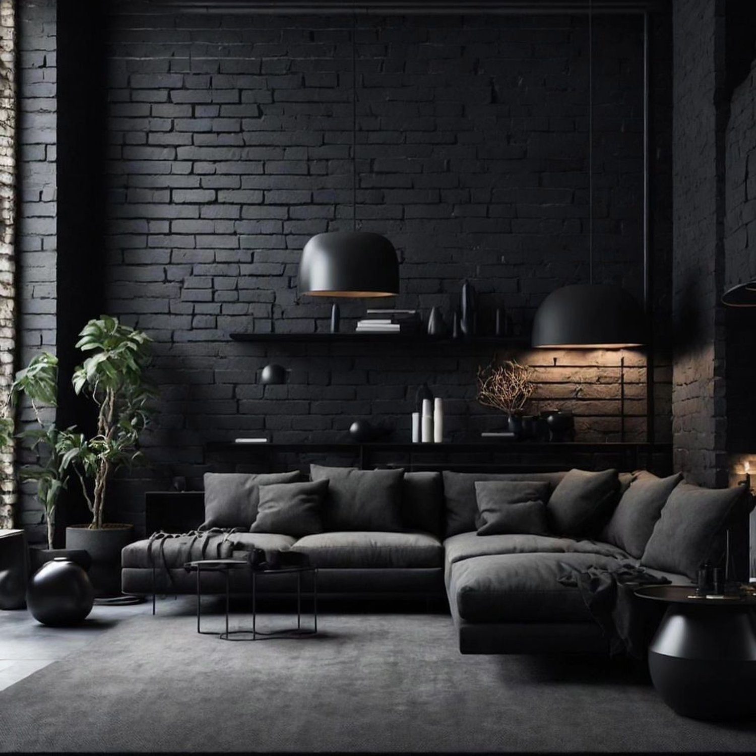 A chic monochromatic living room with a deep charcoal palette