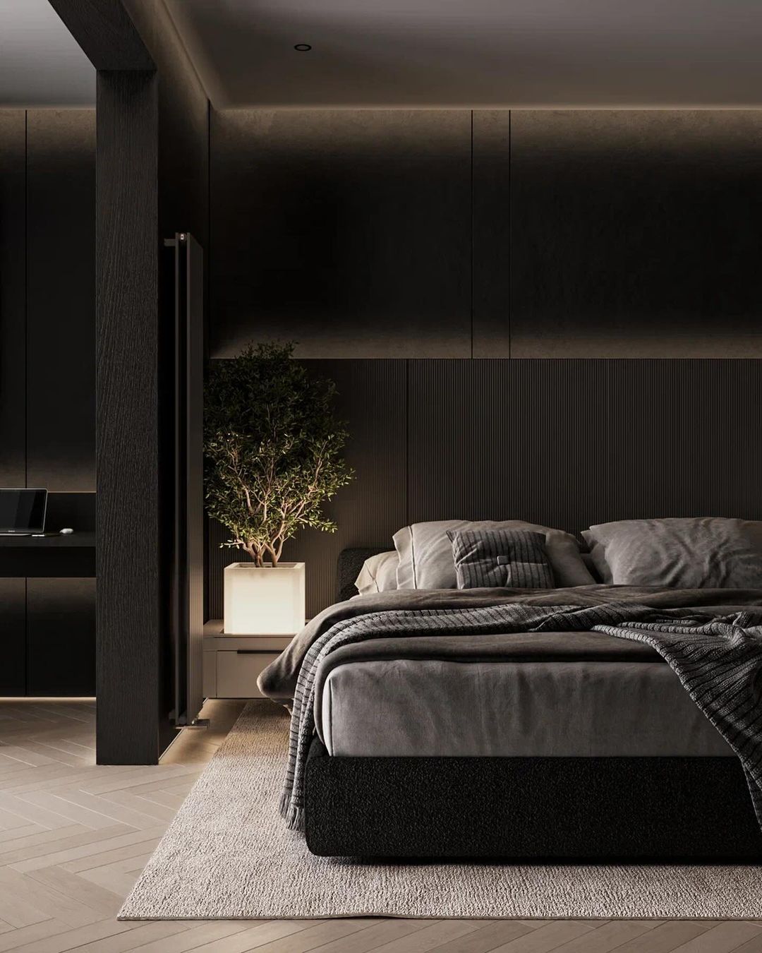 A modern bedroom with monochrome design