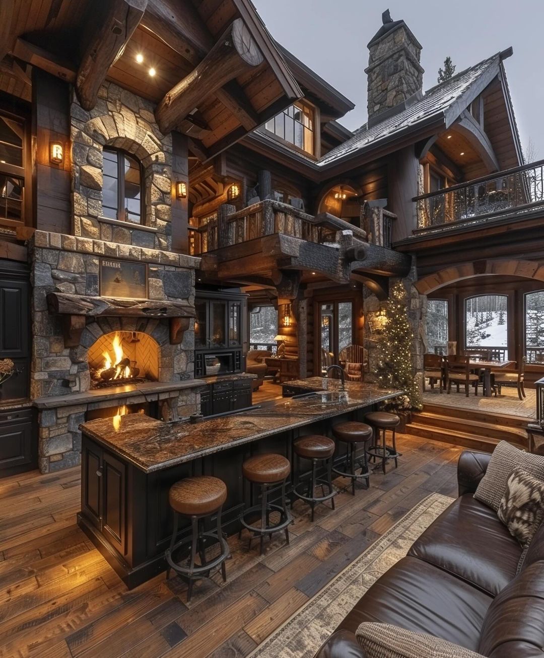 A cozy mountain retreat featuring a grand stone fireplace, wooden beams, and a kitchen bar