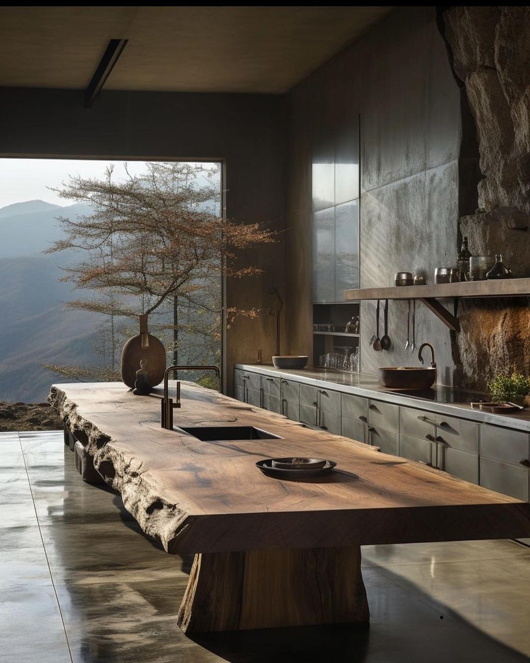 A harmonious blend of natural wood and modern design in a kitchen featuring a rugged wooden table and sleek cabinetry with mountain views.