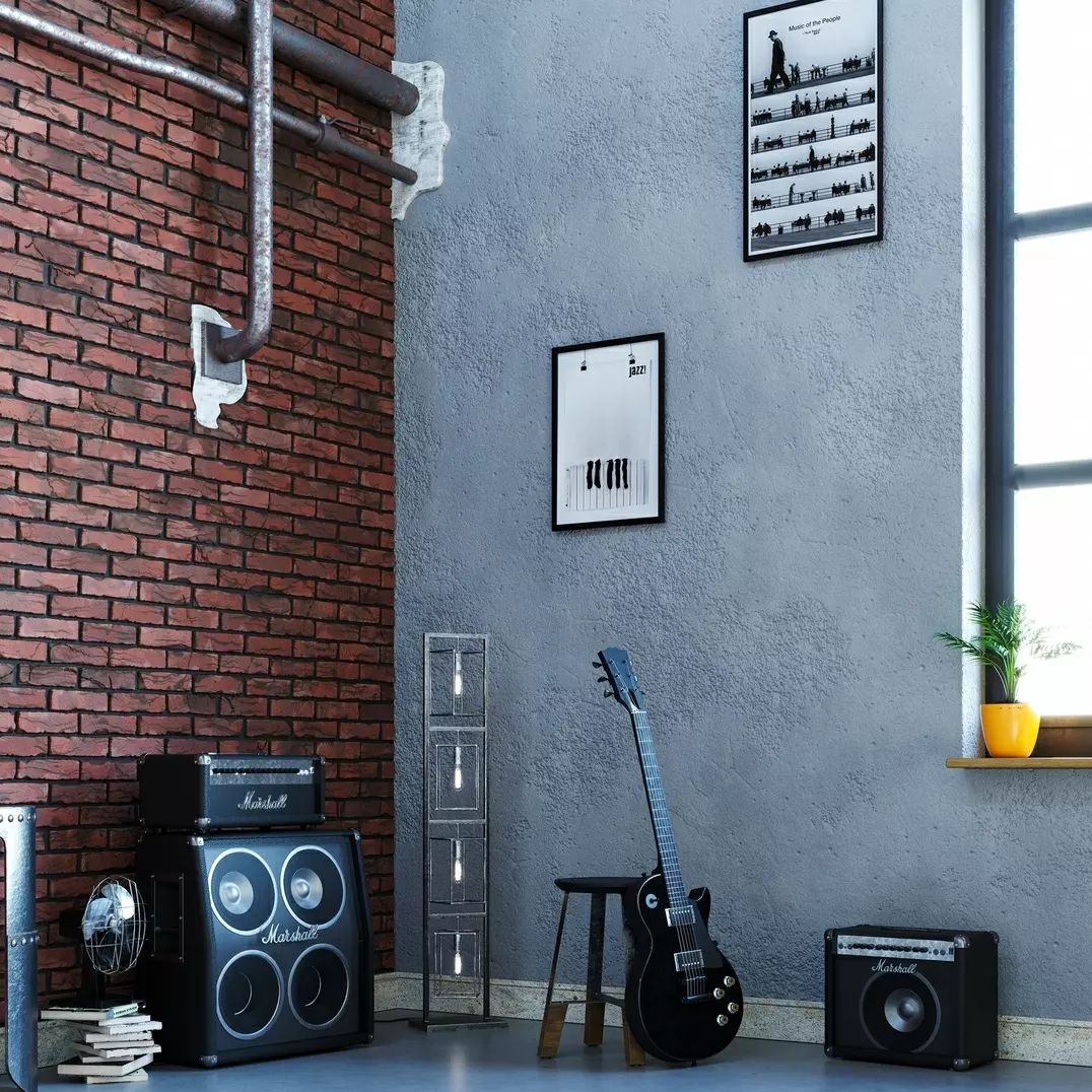 A cozy musician's corner featuring exposed brick, modern sound equipment, and a jet-black electric guitar