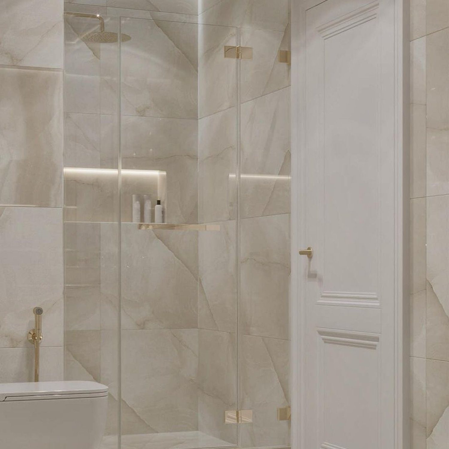 Elegant marble-tiled bathroom with glass shower