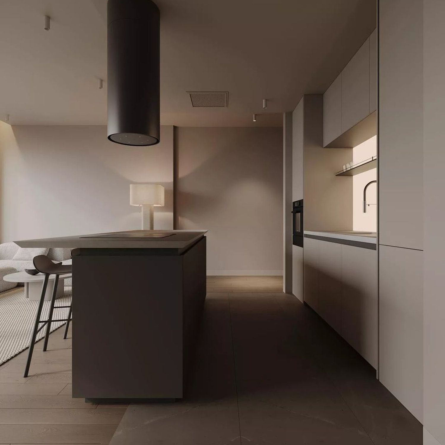 A modern minimalist kitchen with dim ambient lighting