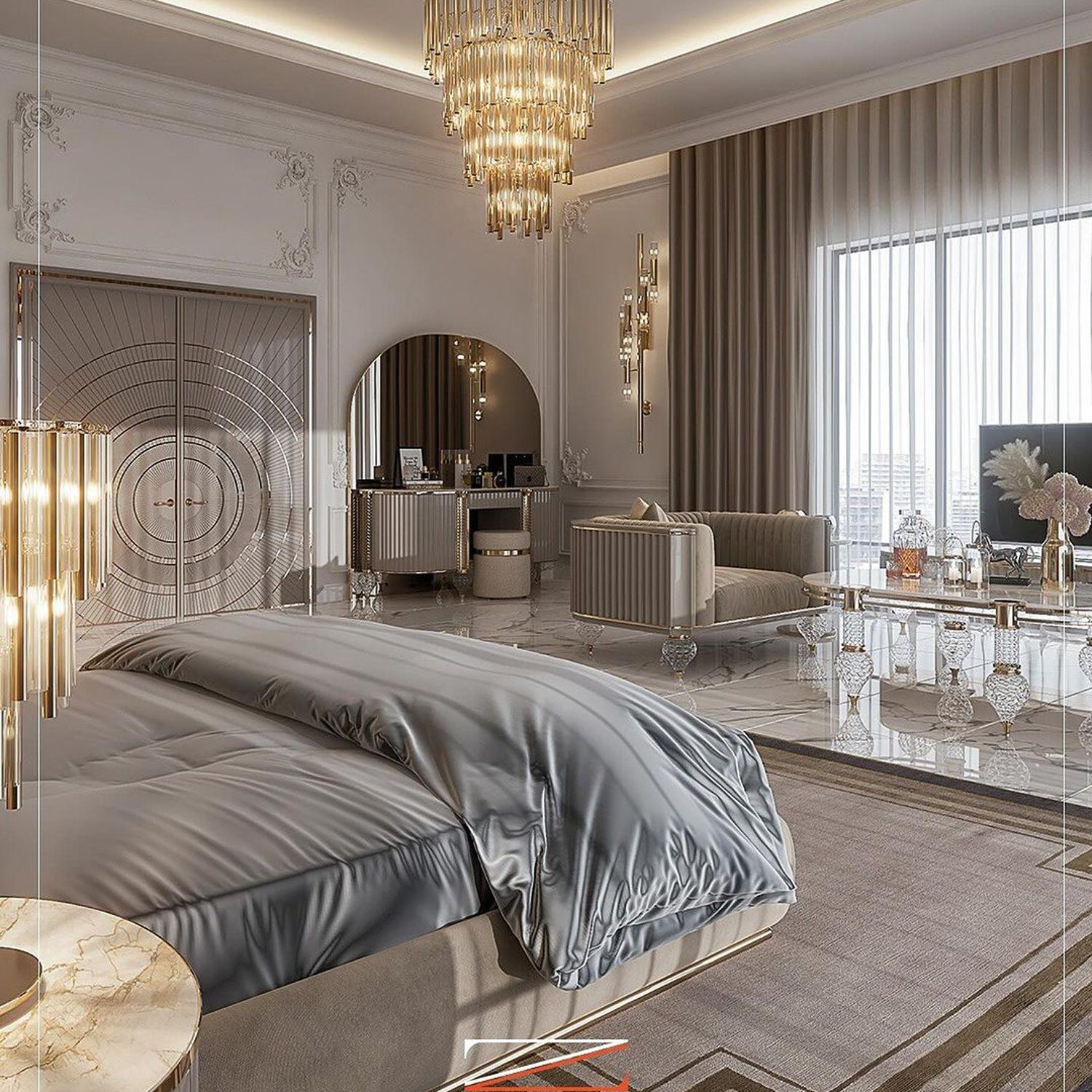 Luxurious and elegant bedroom design in soft neutral tones featuring high-quality materials and finishes.