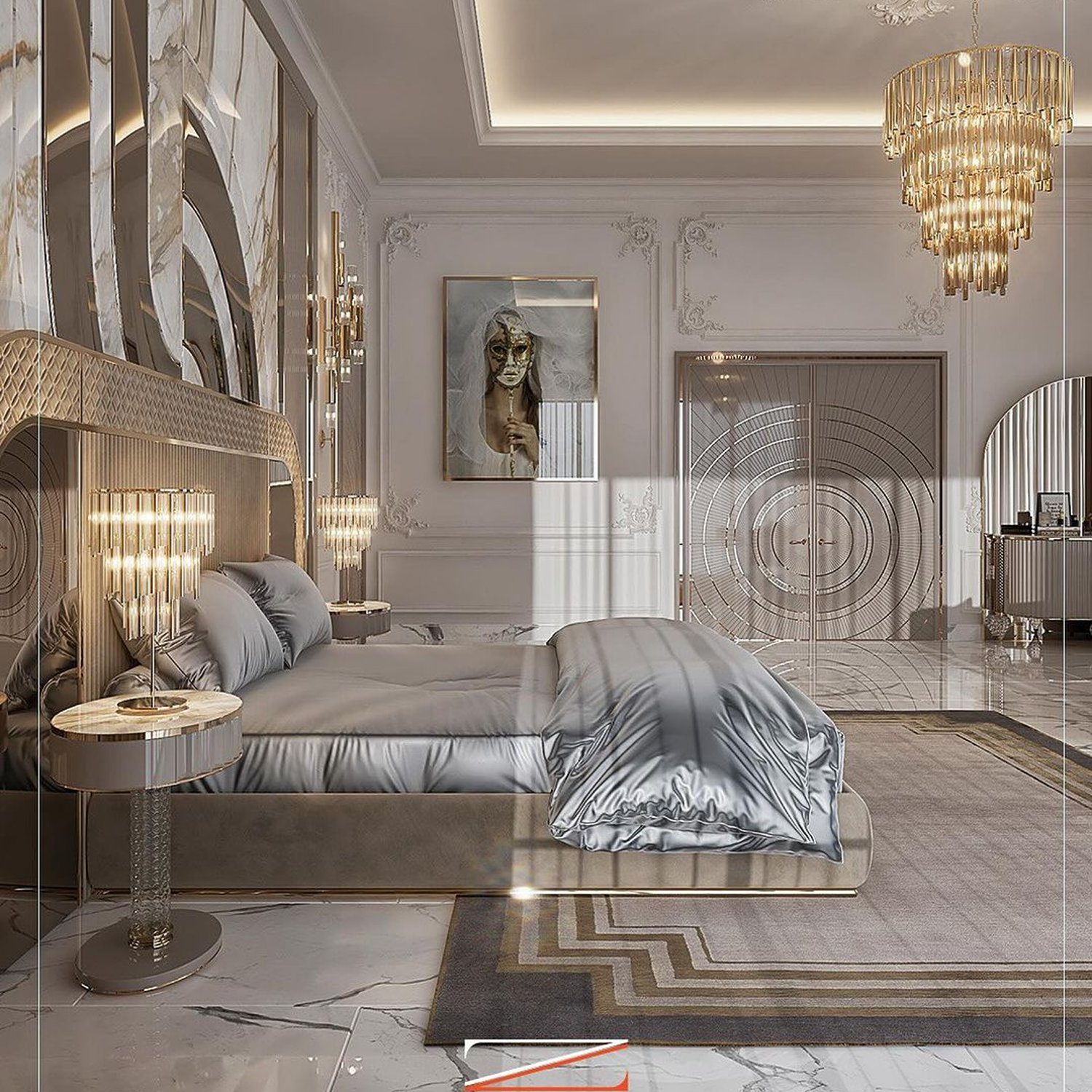 Luxurious bedroom design featuring a plush upholstered bed