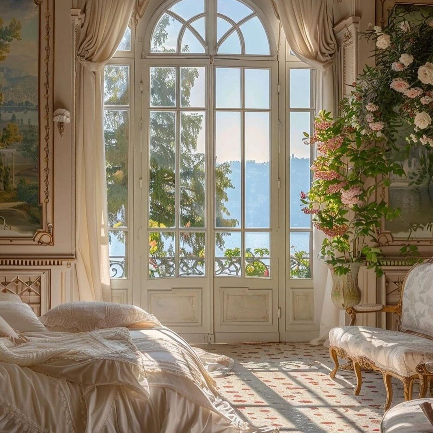 An elegant classical bedroom with a view