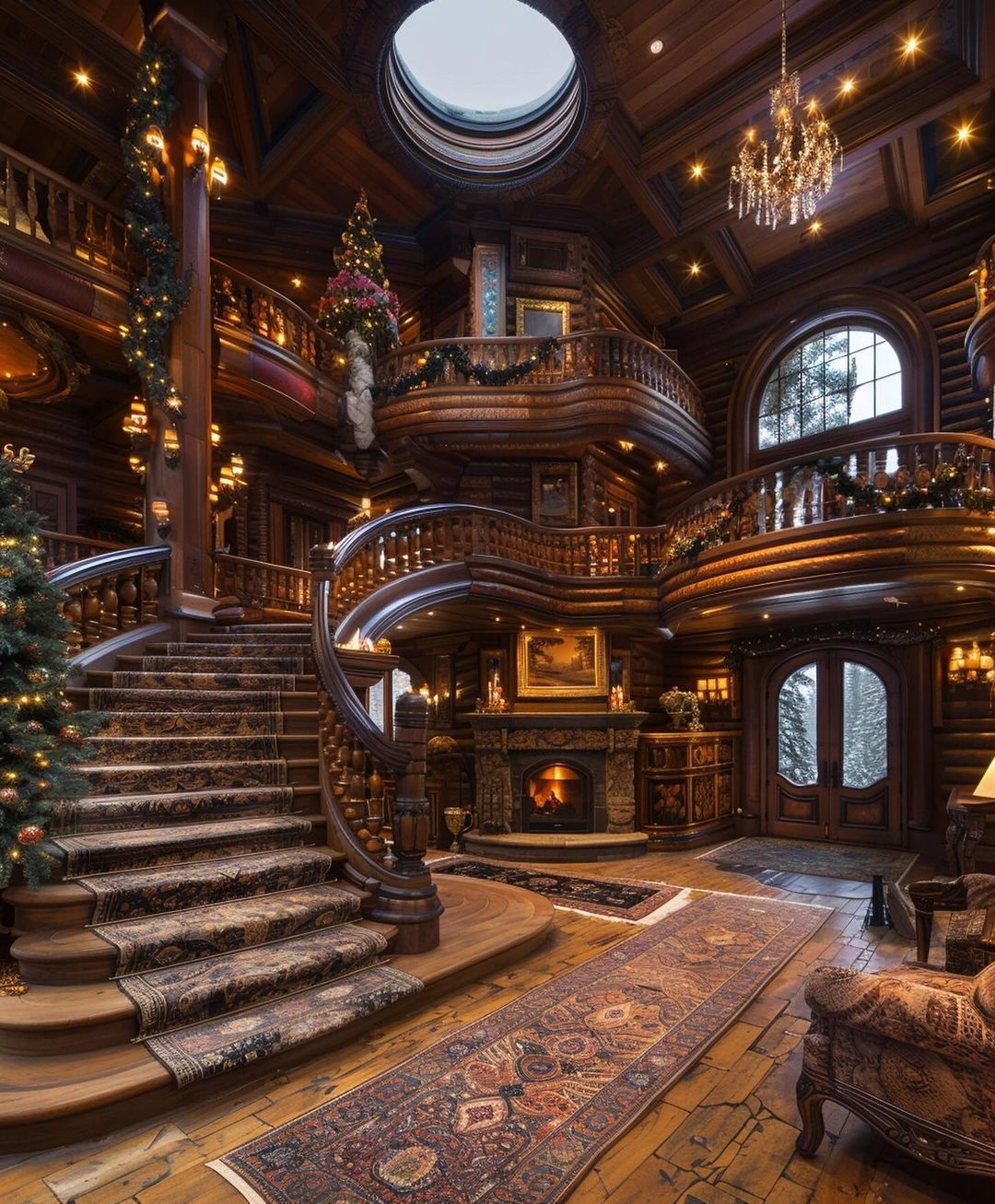 A lavishly decorated room with a grand staircase