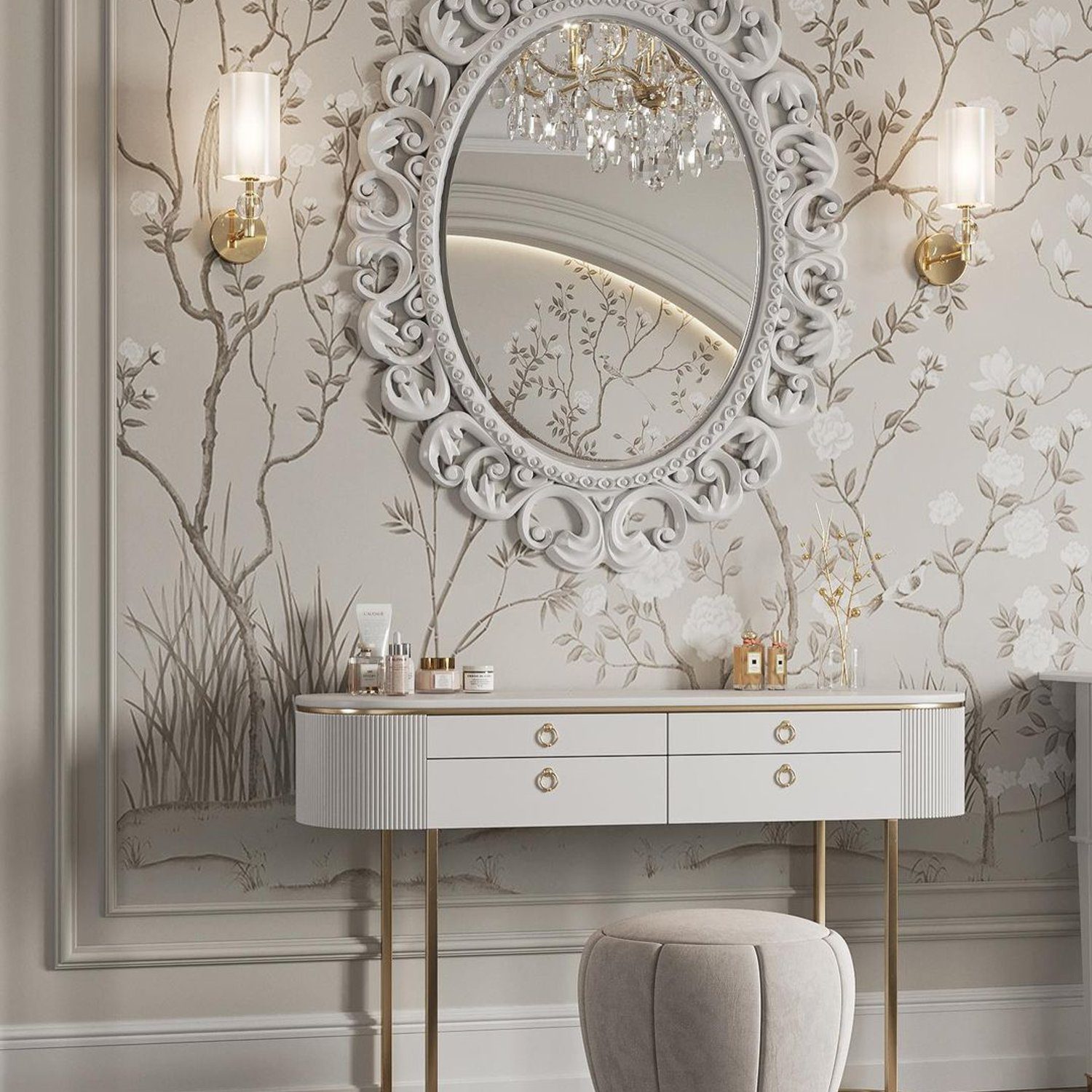 Elegant dressing area with ornate mirror and floral wallpaper