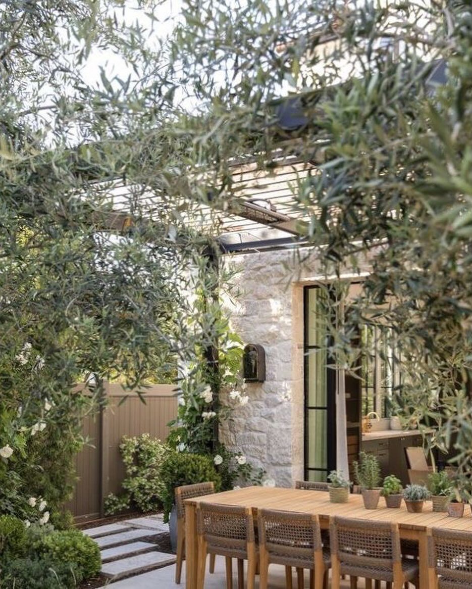 Tranquil outdoor dining area surrounded by lush greenery