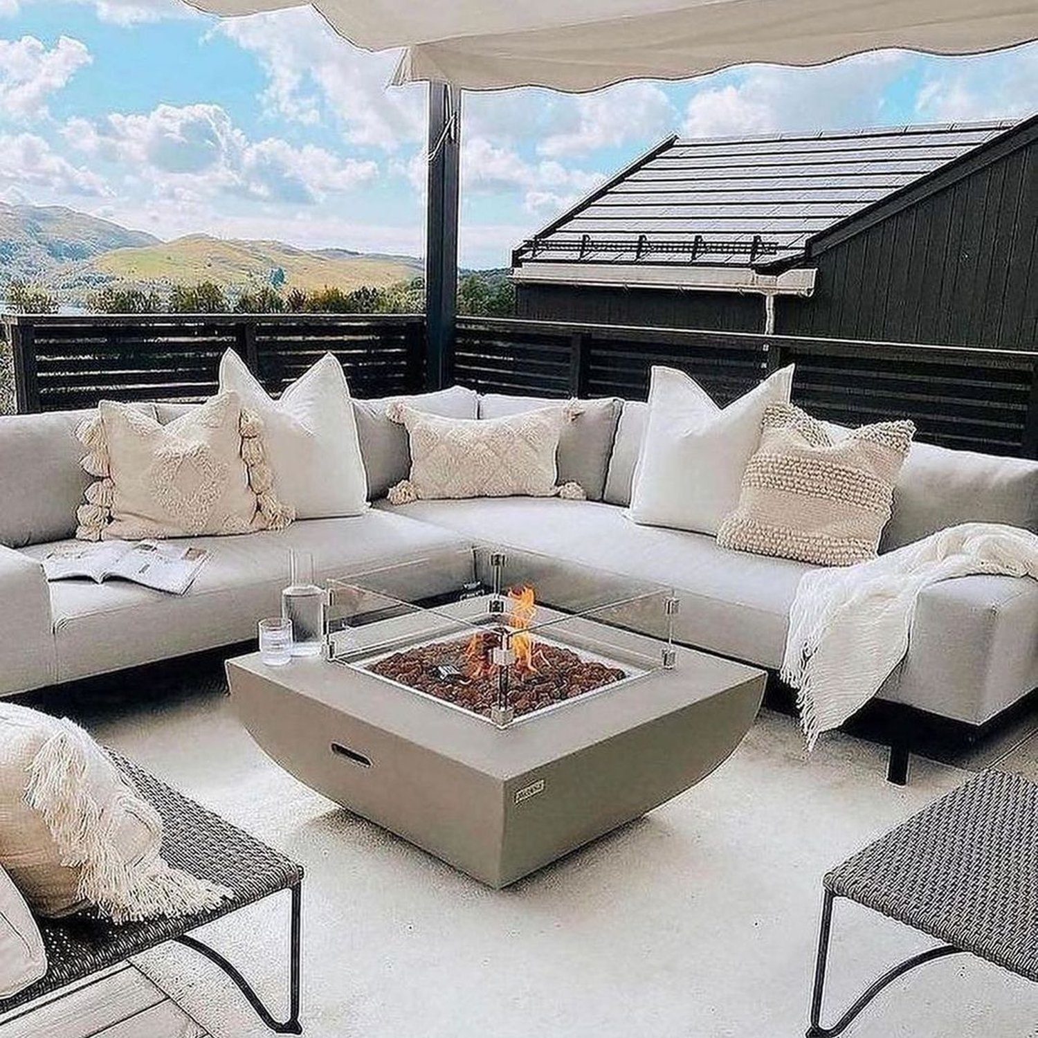 Cozy outdoor living space with mountain views