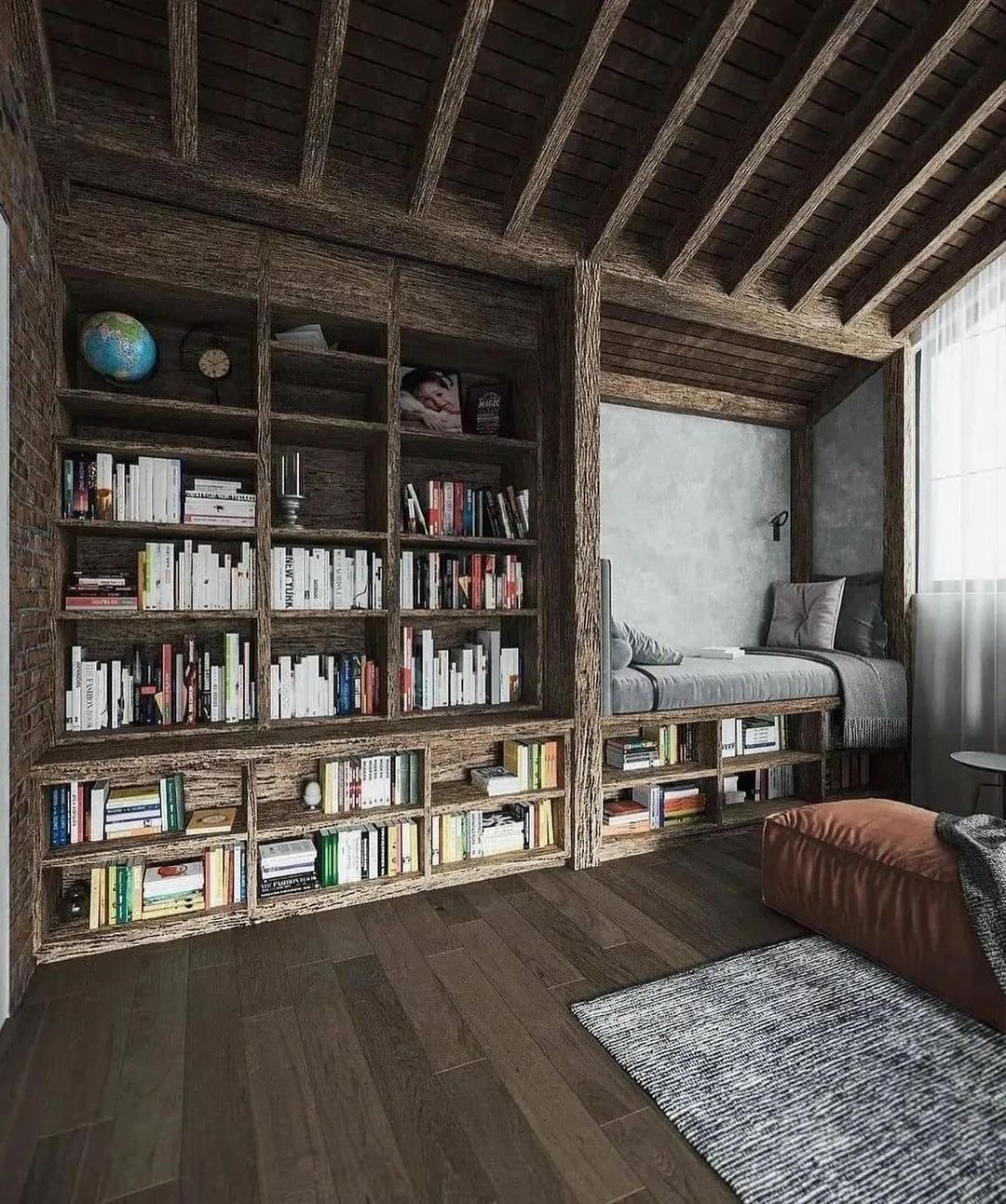 Cozy reading nook with a built-in bookshelf and daybed