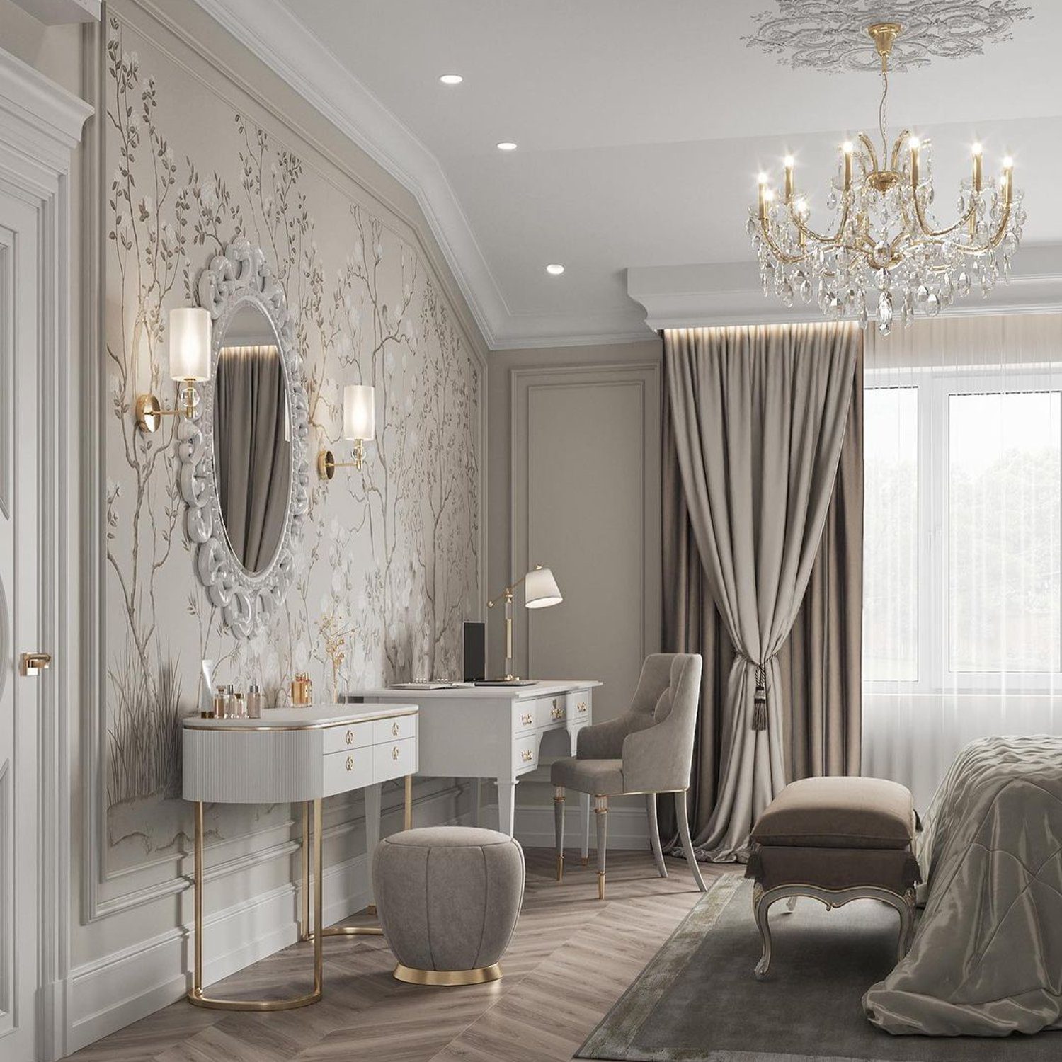 Elegant and classical bedroom design with floral wallpaper and luxury details