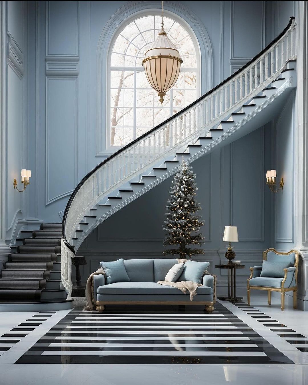 A sophisticated blue-toned foyer featuring a grand staircase, plush seating, and seasonal decor