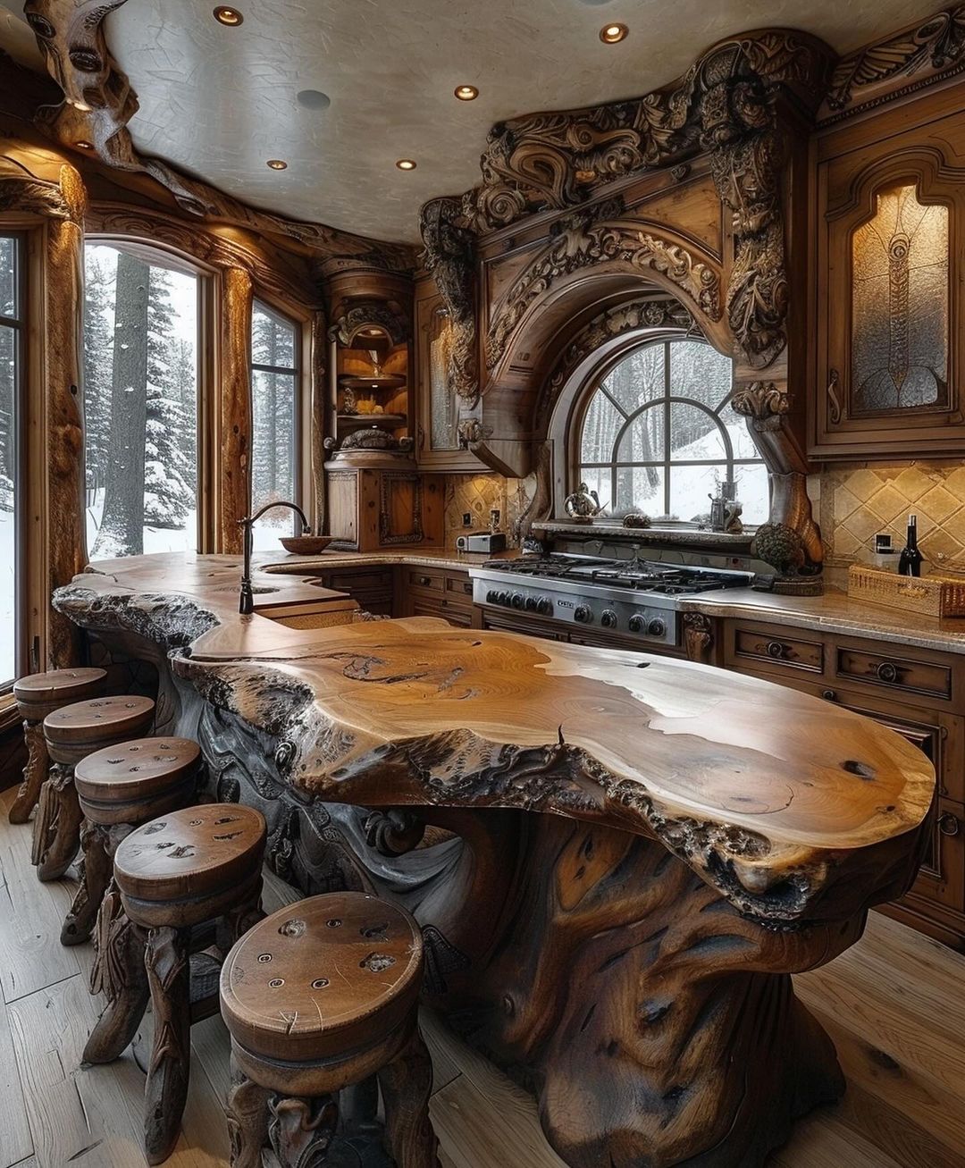 Richly detailed wooden kitchen with a live edge countertop