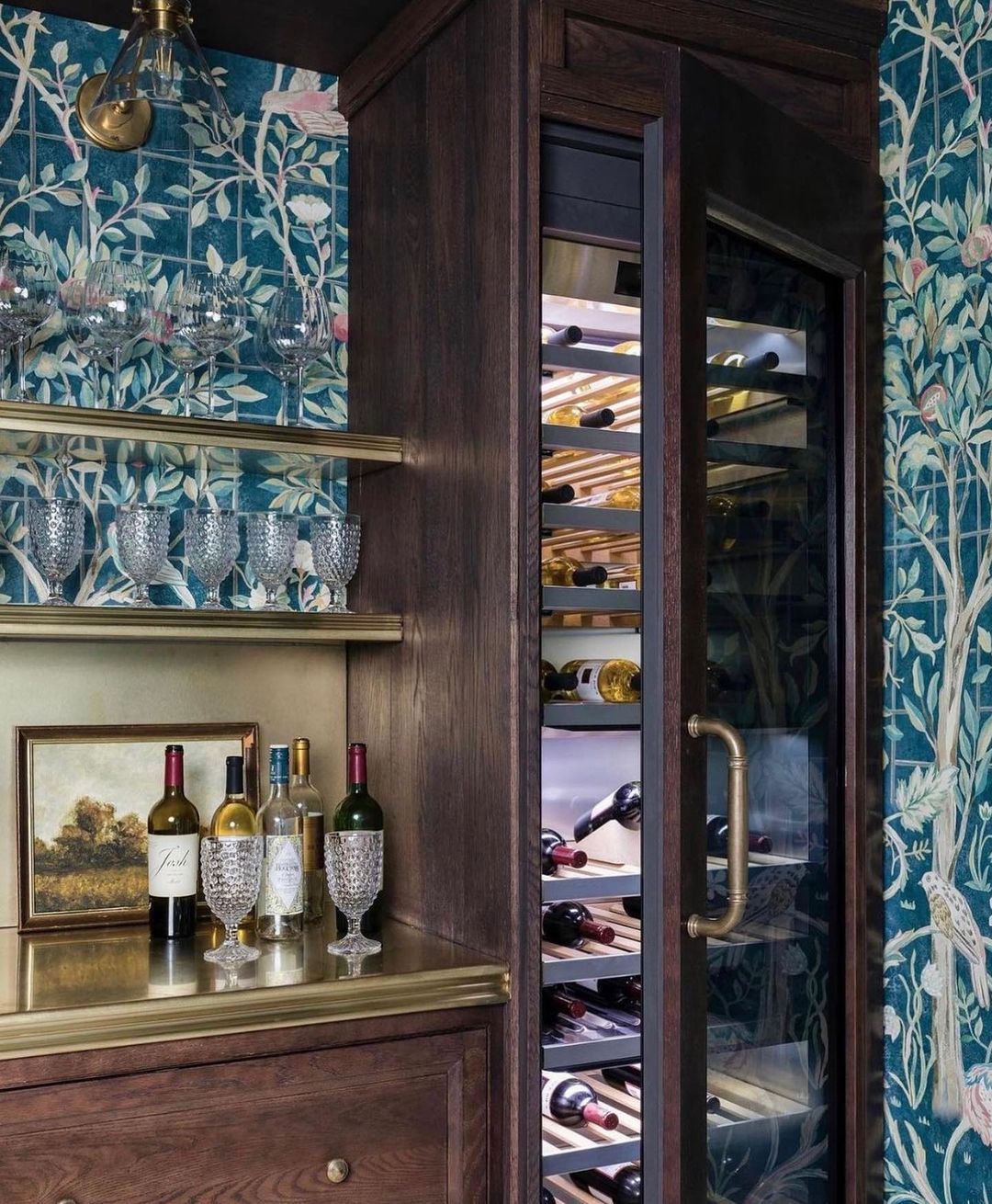 Stylish home bar with floral wallpaper