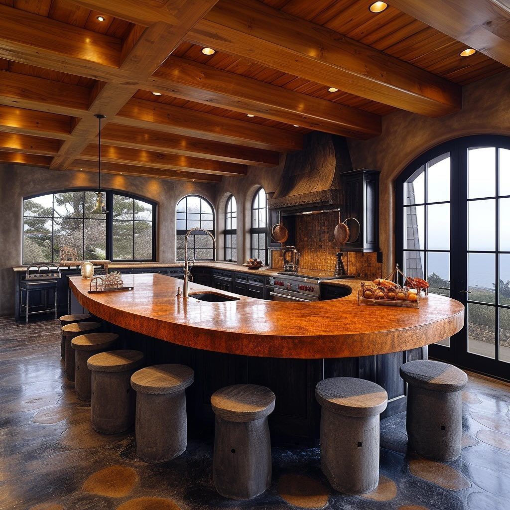 A rustic yet modern kitchen with sweeping views