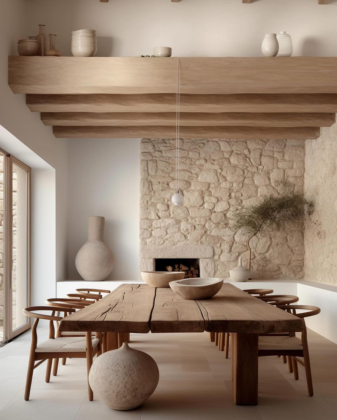 A minimalist dining room with a rustic touch