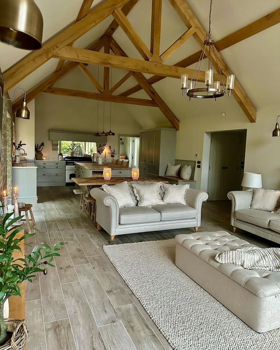 A harmoniously designed living space with wooden beams