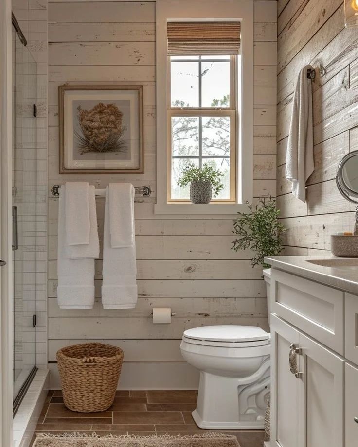 Cozy rustic-style bathroom with shiplap walls