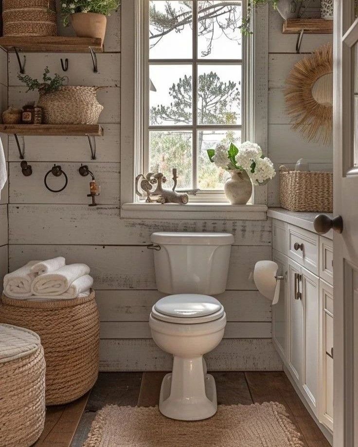 Cozy rustic bathroom with natural wood accents and vintage-inspired fixtures