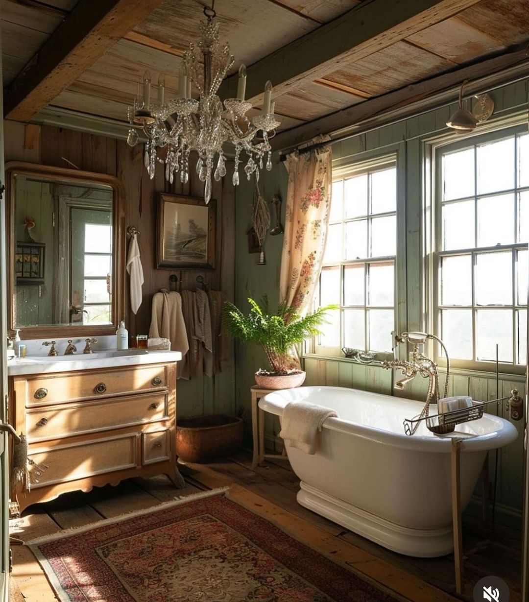 A quaint rustic bathroom with wooden walls and a vintage claw-foot tub