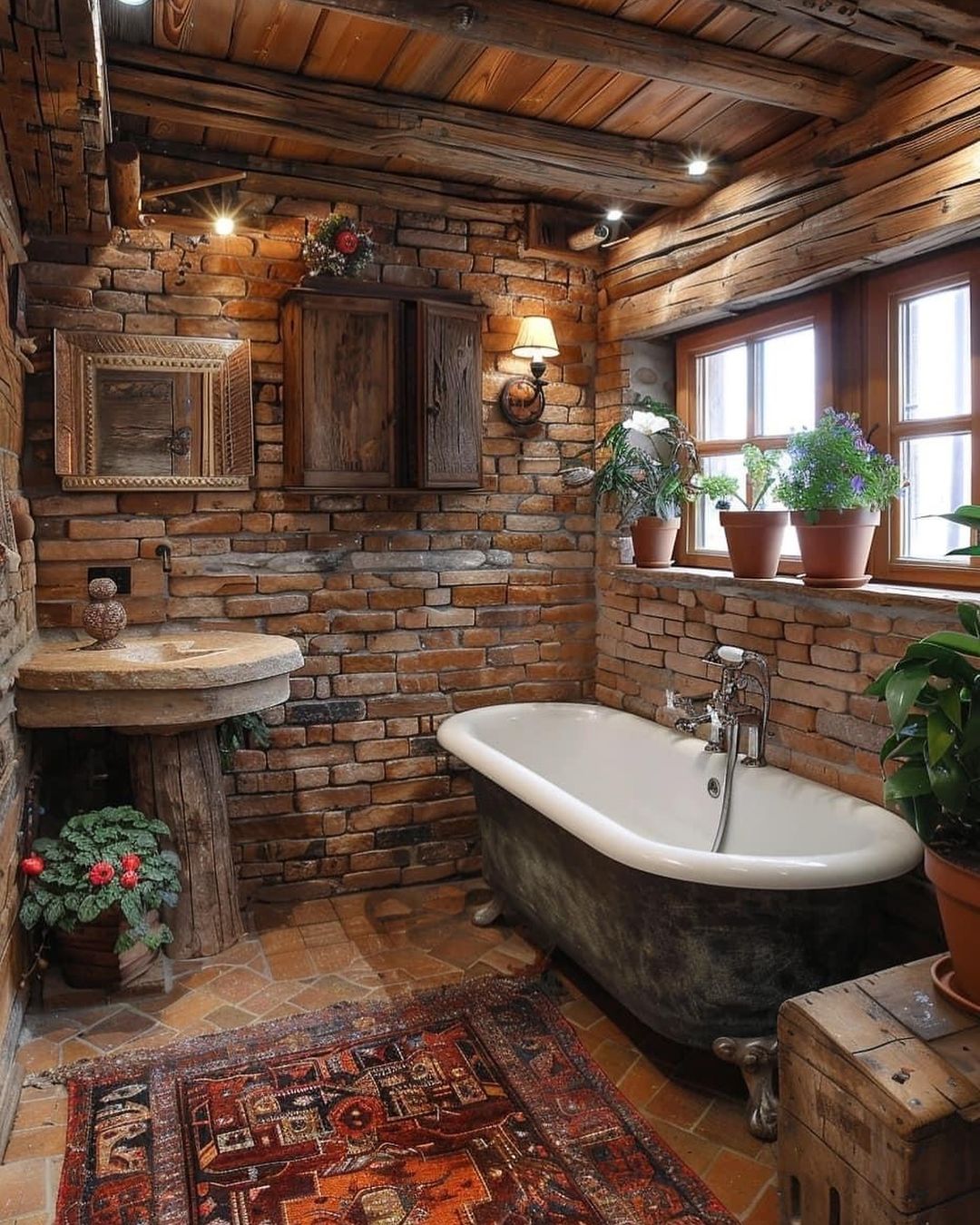 A rustic bathroom with exposed brick walls and a classic claw-foot bathtub