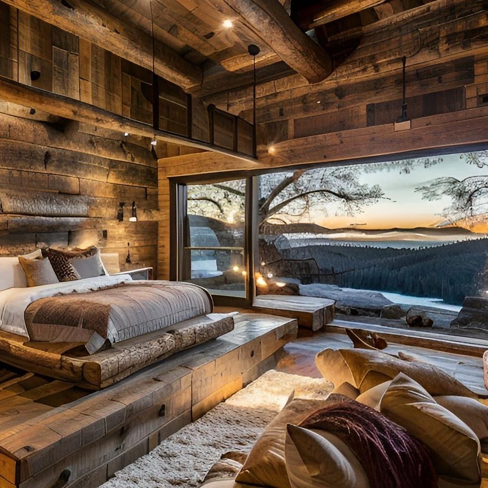 A modern rustic bedroom with expansive views