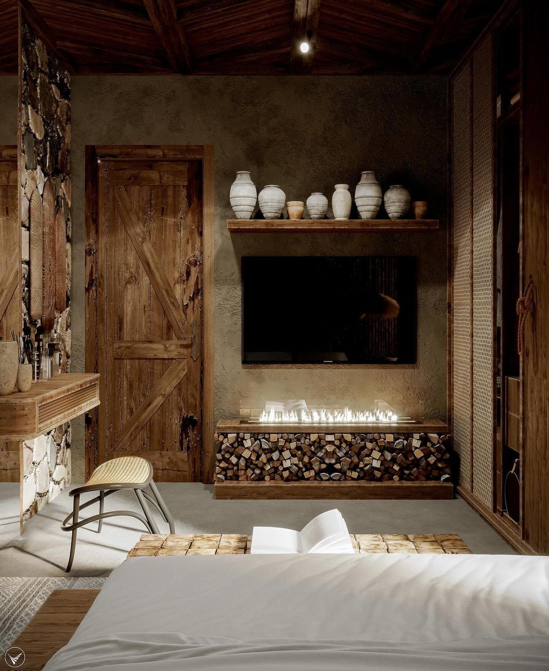 Rustic bedroom with modern fireplace