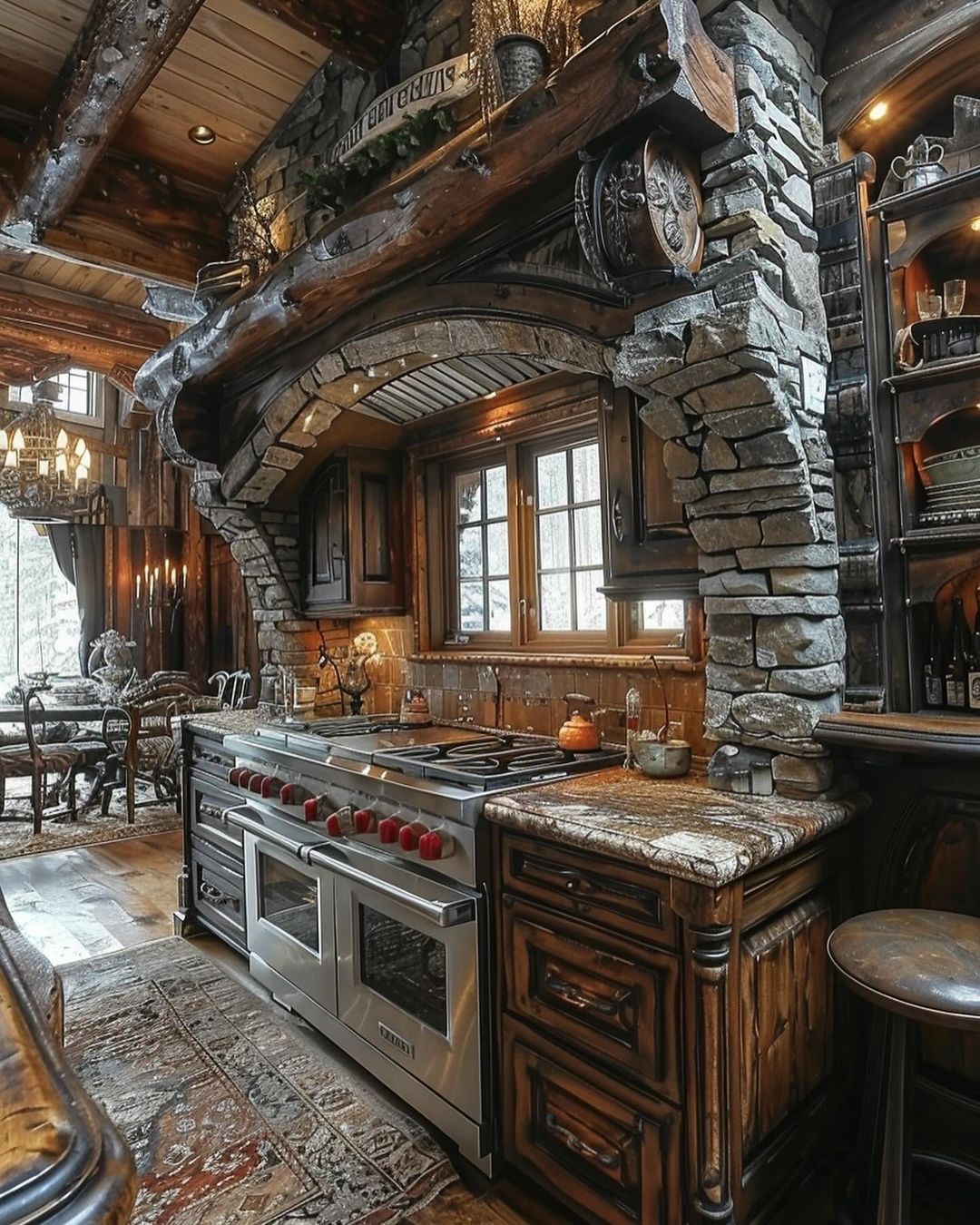 Rustic cabin style kitchen with wood and stone accents for a warm, cozy atmosphere.